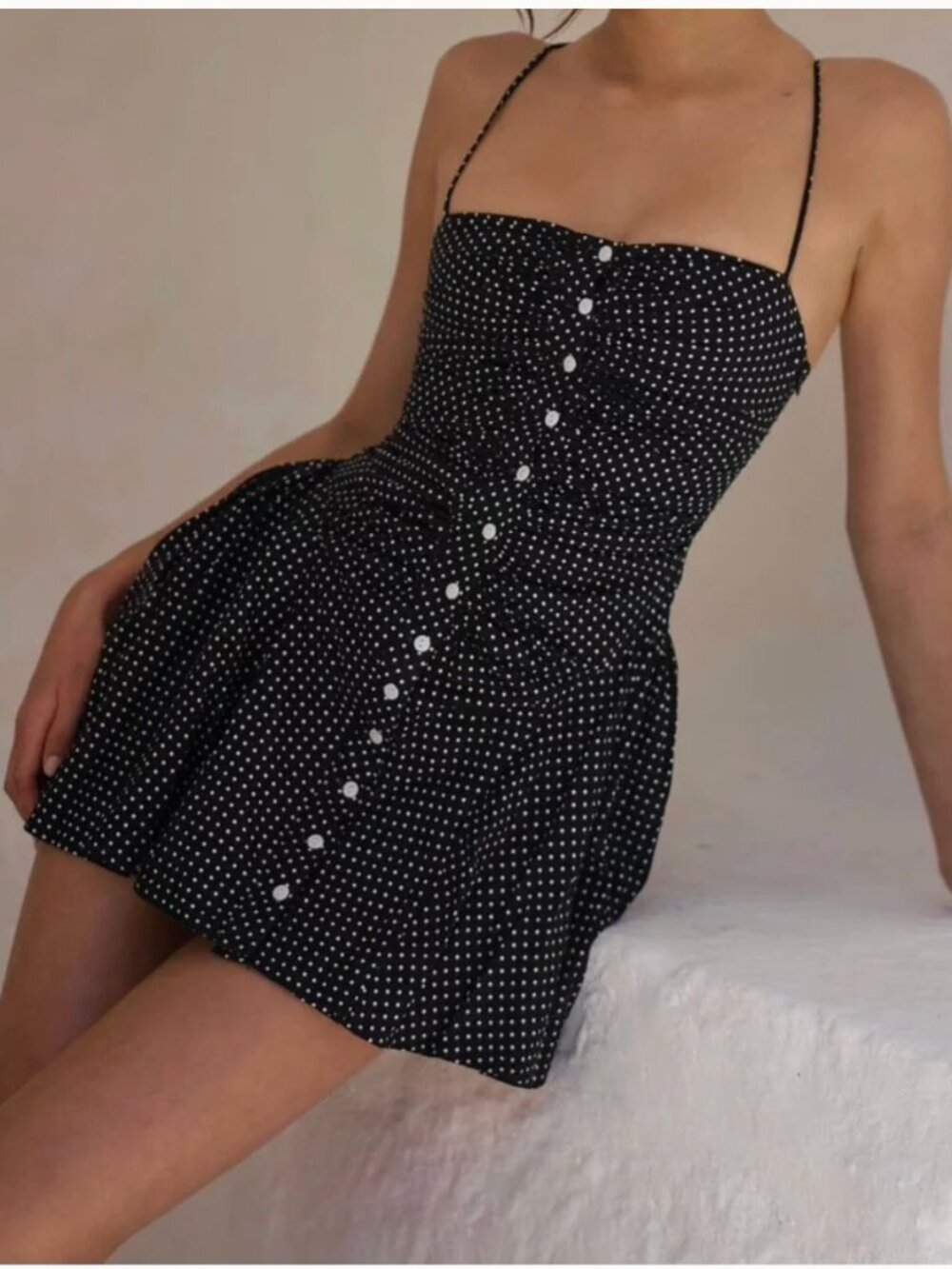 Black White Pleated Polka Dot Sleeveless Mini Dress Size XS Coquette